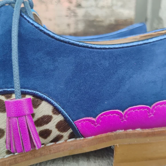 NEW Handmade Pink Blue Suede Leather Leopard Fringe Oxford Lace-Up Shoes 6 -9.5 - Picture 5 of 12